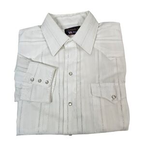 Vintage Panhandle Slim White‎ & Silver Pinstripe Pearl Snap Shirt Size 17.5 M16